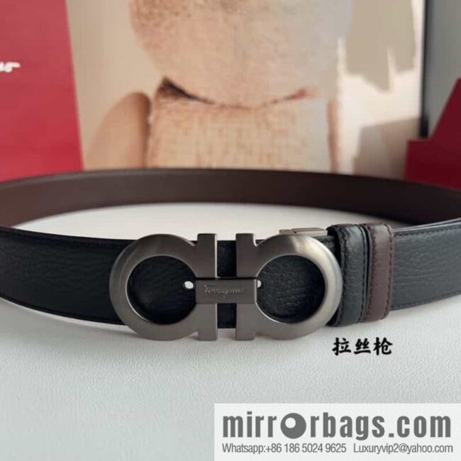 Ferragamo 8-character metal clip buckle first layer cowhide texture belt 3.5cm