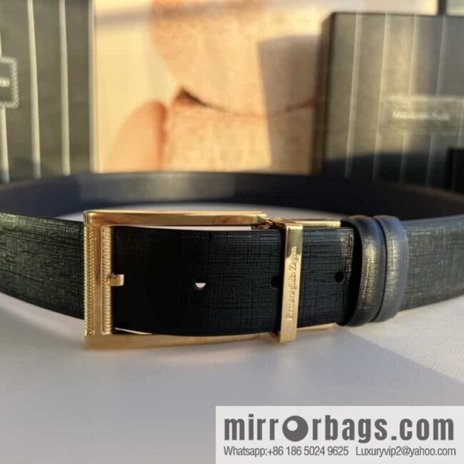 Z ZEGNA Zegna men\'s black/dark blue first layer cowhide leather plate buckle belt 3.5cm