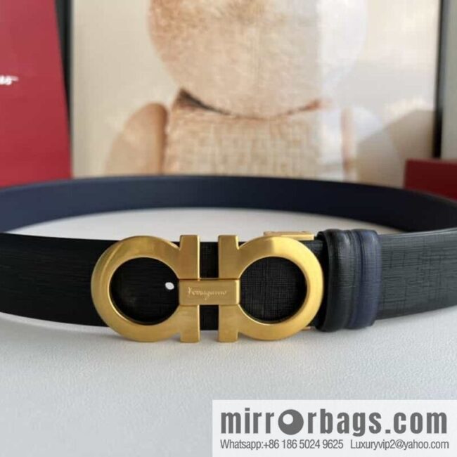 Ferragamo Ferragamo, Double Sided Cowhide Blue/Black Leather Men\'s 3.5cm Belt