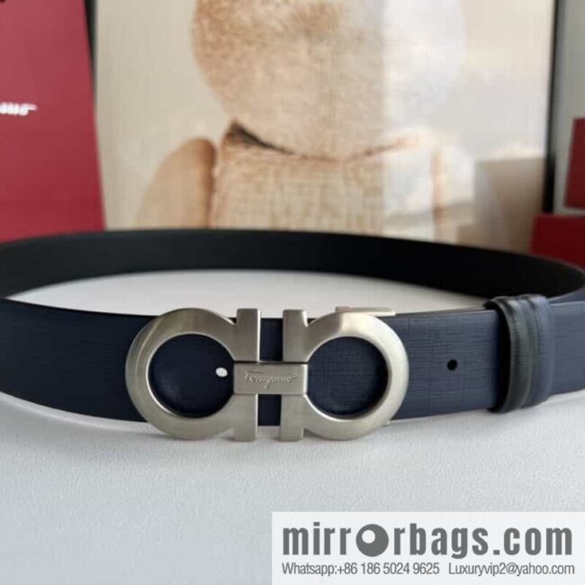 Ferragamo Ferragamo, Double Sided Cowhide Blue/Black Leather Men\'s 3.5cm Belt