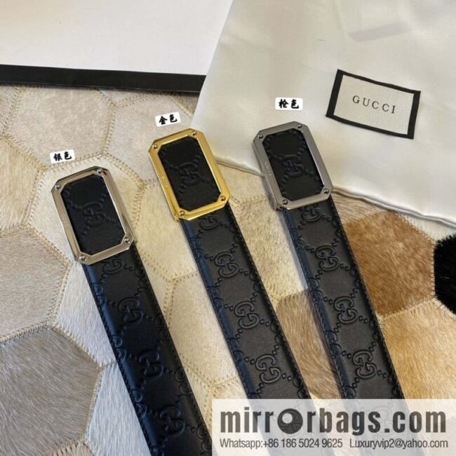 GUCCI square metal buckle 35mm double G embossed imported cowhide belt