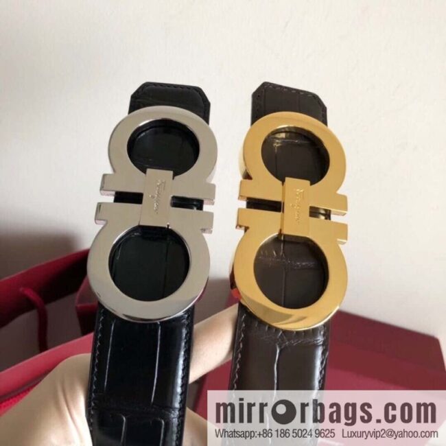 Ferragamo 3.5cm exquisite double-ring metal buckle, crocodile belt