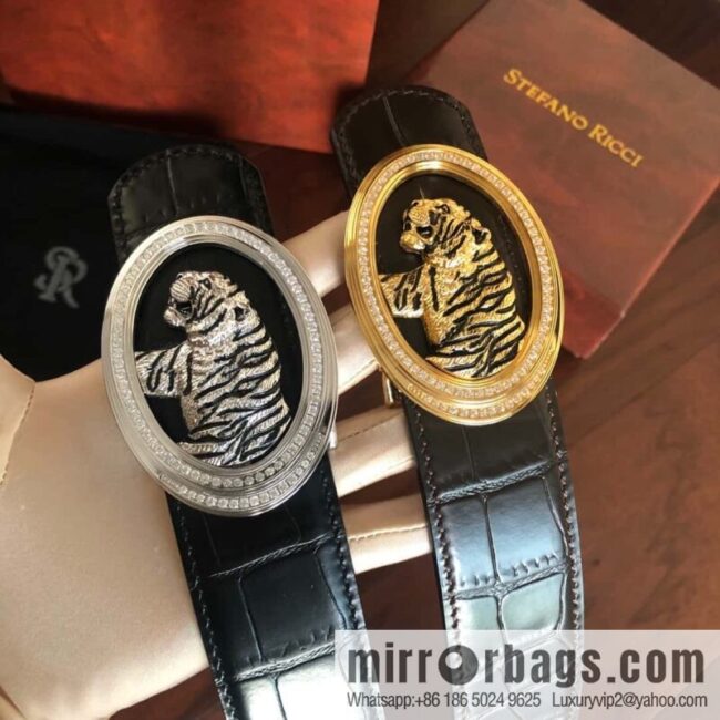 Stefano Ricci Stephen, Stainless Steel Tiger Head Round Diamond Buckle 3.8cm Alligator Belt