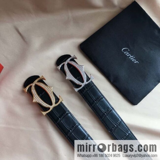 Cartier 3.5cm Stainless Steel Double C Inlaid Diamond Buckle, Crocodile Belt