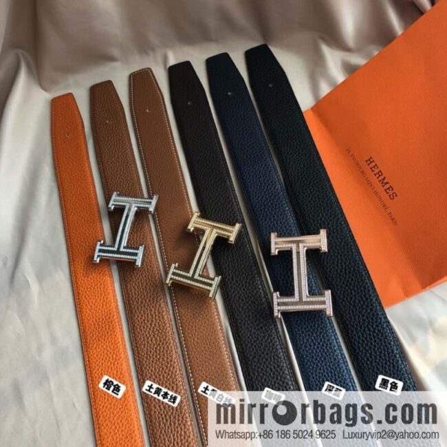 Hermes, Stainless Steel Double Row Diamond Buckle, Men\'s Double-Sided Leather Belt 38mm