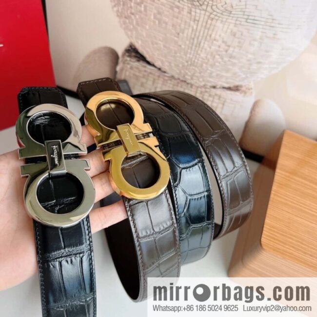 Ferragamo 3.5cm imported cowhide pressed pattern, crocodile pattern belt