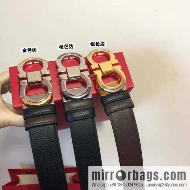 Ferragamo Gancio Double Circle Intertone Edge Metal Clamp Buckle, Cowhide Double Sided Lychee Belt 3.5cm
