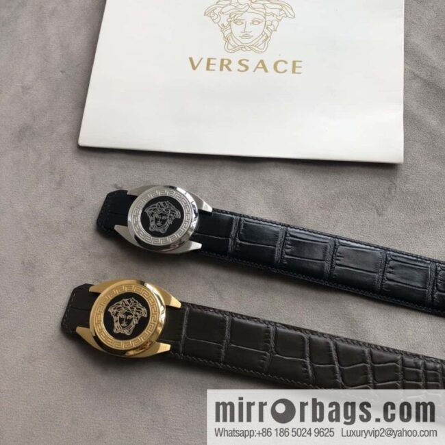 VERACE Versace, Medusa metal buckle, men\'s imported first layer cowhide embossed fine imitation crocodile leather belt 3.5cm