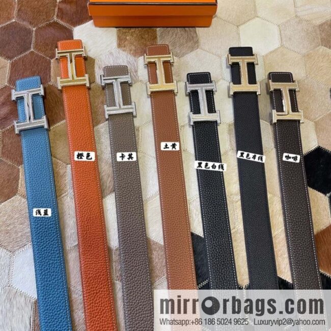Hermes, stainless steel double-row diamond buckle, original leather lychee pattern belt 3.8cm