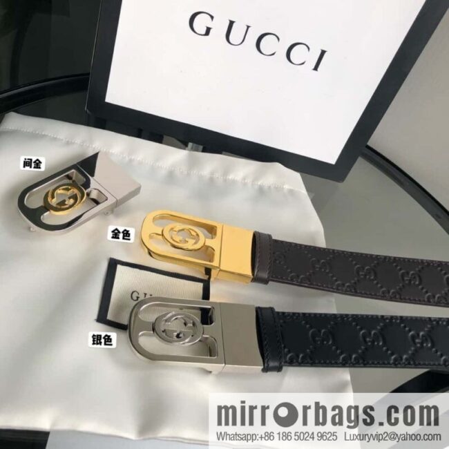 Gucci Gucci interlocking G-buckle first layer cowhide embossed belt 3.5cm