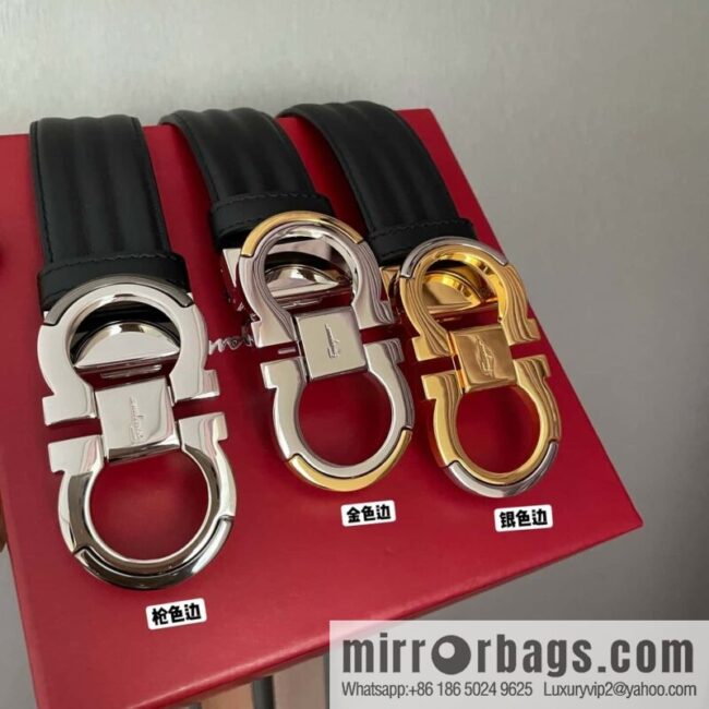 Ferragamo Ferragamo Gancio Double Circle Intertone Edge Metal Clip Buckle, First Cowhide Belt 3.5cm