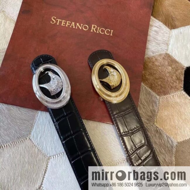 Stefano Ricci Stephen, Stainless Steel Eagle Head with Diamond Buckle 3.8cm Alligator Belt