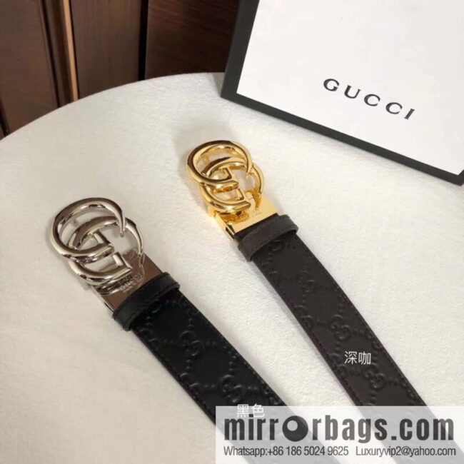 GUCCI double G rotating metal buckle, cowhide embossed belt 3.6cm