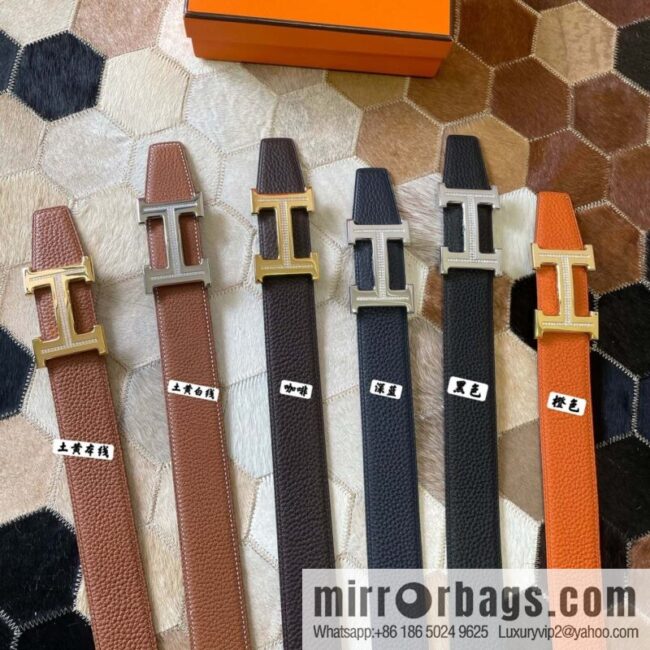 HERMES, stainless steel H single row drill, original leather lychee belt 3.8cm