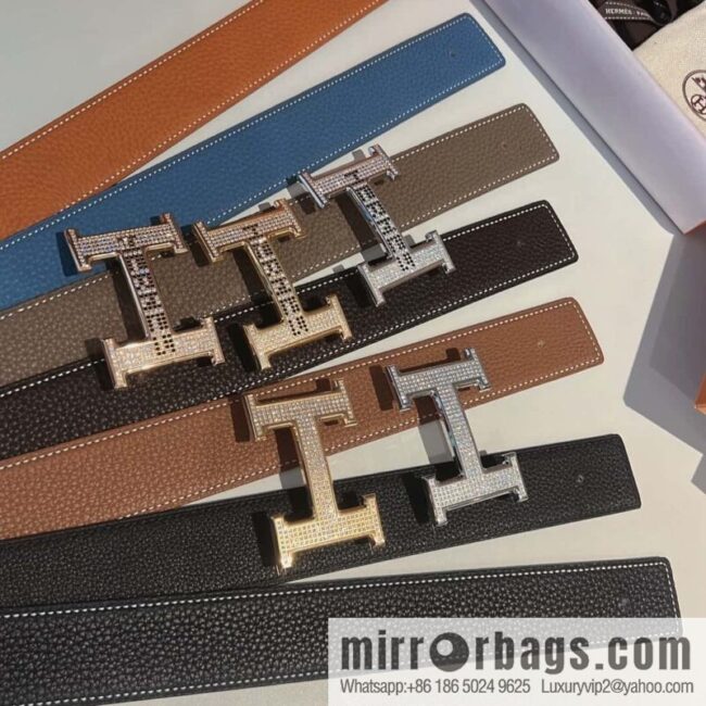Hermes Hermes, stainless steel inlaid diamond buckle, first layer cowhide lychee texture belt 3.8CM