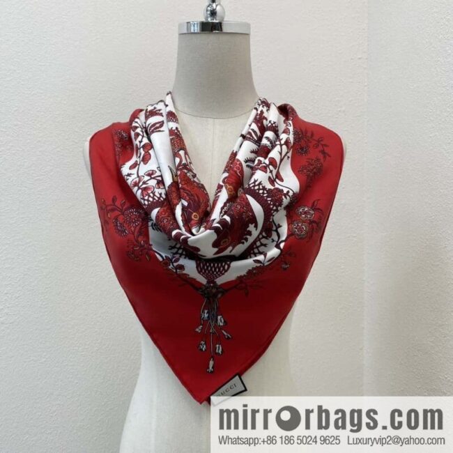GUCCI \"Year of the Dragon Hand-painted Square Scarf\" Silk Scarf
