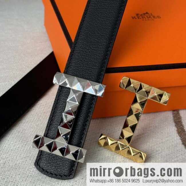 Hermes, double-sided first layer sheep texture stainless steel diamond pattern button head belt 3.5CM