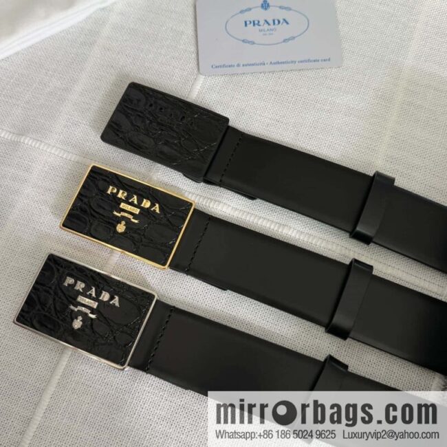 PRADA/Prada, men\'s black logo buckle sticker crocodile leather mixed pattern double-sided cowhide belt 3.5CM