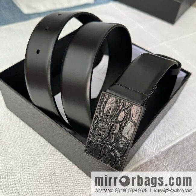 PRADA/Prada, men\'s black logo buckle sticker crocodile leather mixed pattern double-sided cowhide belt 3.5CM