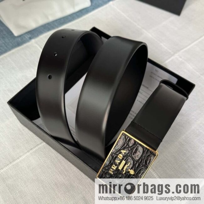 PRADA/Prada, men\'s black logo buckle sticker crocodile leather mixed pattern double-sided cowhide belt 3.5CM