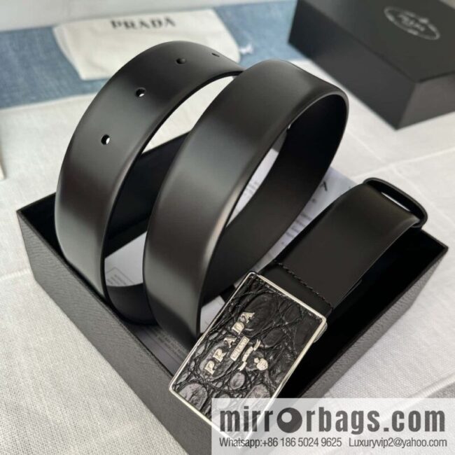 PRADA/Prada, men\'s black logo buckle sticker crocodile leather mixed pattern double-sided cowhide belt 3.5CM