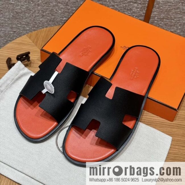 wsxc1720024524426_0-800x800kdbp05h5ur550998_20250630002814.jpg HERMES 182 -Lzmir Men\'s slippers, cowhide/Epsom black/ck89/with orange feet