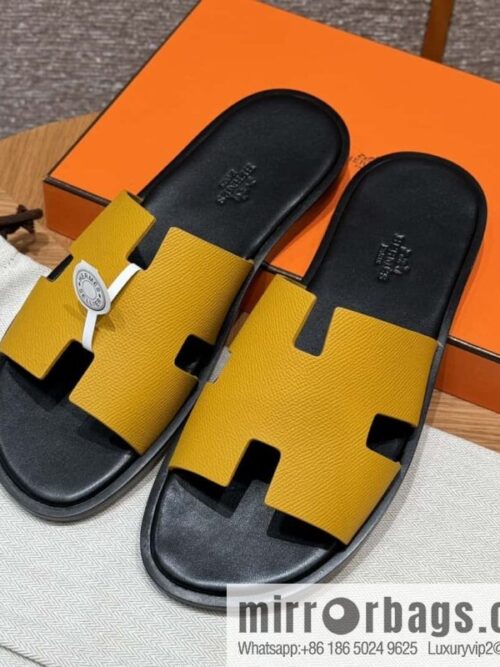 wsxc1720024678789_0-800x8001xijenxaywj50954_20250630002748.jpg HERMES 182 -Lzmir Men\'s slippers Men\'s slippers, cowhide/Epsom amber yellow/9D Jaune Amdre/with black feet