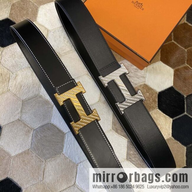 HERMES men\'s 3.8cm stainless steel inlaid diamond metal buckle with first-layer cowhide double-sided belt