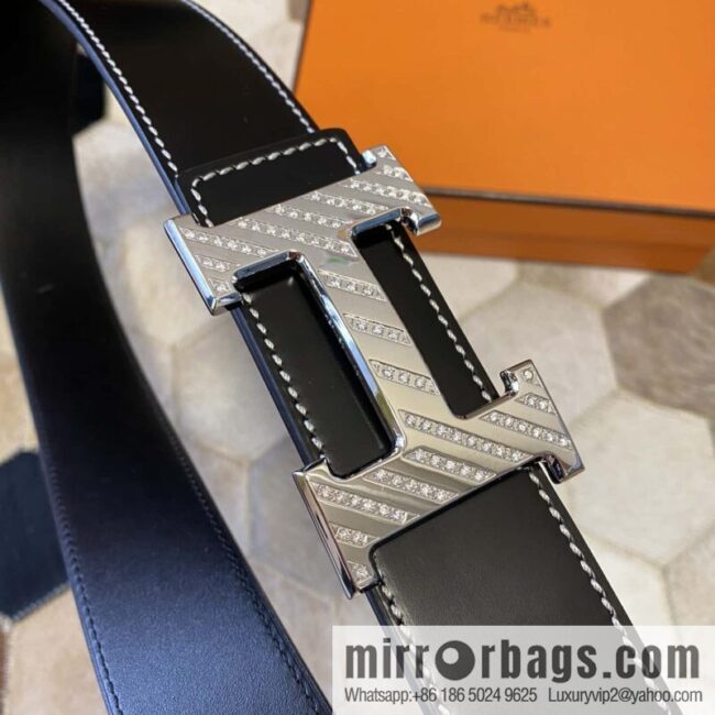 HERMES men\'s 3.8cm stainless steel inlaid diamond metal buckle with first-layer cowhide double-sided belt