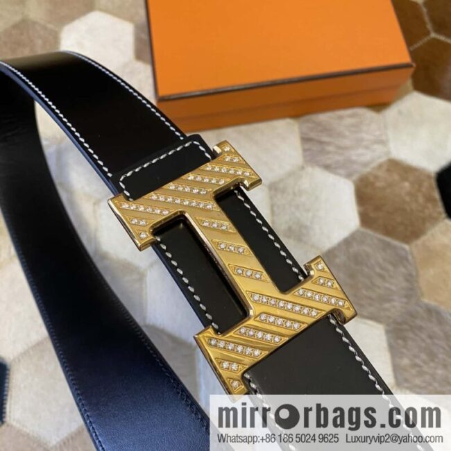 HERMES men\'s 3.8cm stainless steel inlaid diamond metal buckle with first-layer cowhide double-sided belt