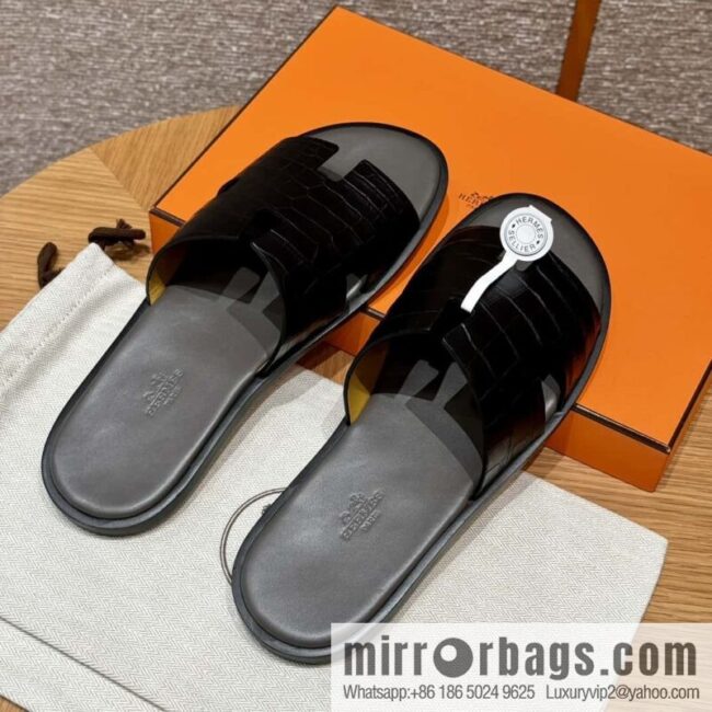 wsxc1725288758168_0-800x800hqvgf1gmcal11025_20250625041655.jpg HERMES 182 -Lzmir Men\'s slippers, black/89/Black/with tin ash alligator/alligator🐊