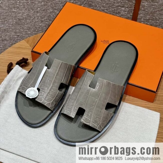 wsxc1725288853331_0-800x800ovjiuxezrd411005_20250625041643.jpg HERMES 182 -Lzmir Men\'s slippers Men\'s slippers, turtledove gray/ck81/with tin ash foot pad alligator/crocodile🐊