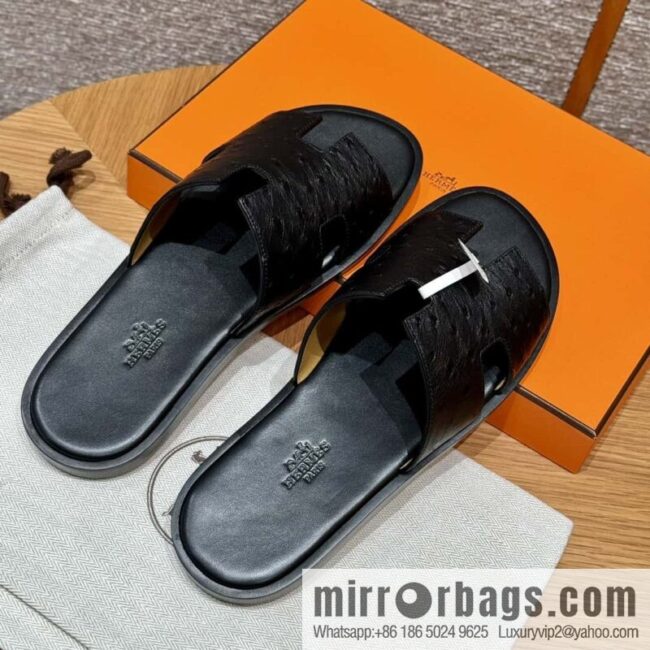 wsxc1725288958986_0-800x800ja3g0cwuiom10985_20250625041632.jpg HERMES 182 -Lzmir Men\'s slippers, black/89/Black/with black foot pads, ostrich π¦/Ostrich