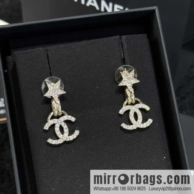 ❗️New ❗️☀️ new ☑️ chanel c2 double c full diamond pentagram ⭐ star stud earrings ☀️