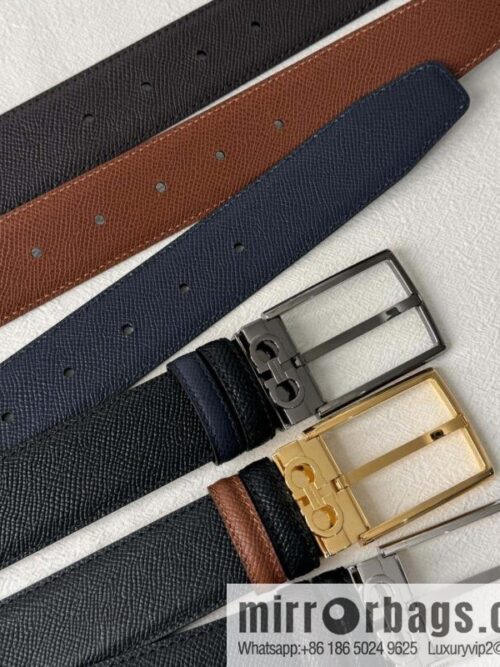 Ferragamo double-sided double-use imported cowhide cross texture, new logo pin-type metal buckle belt 3.5cm