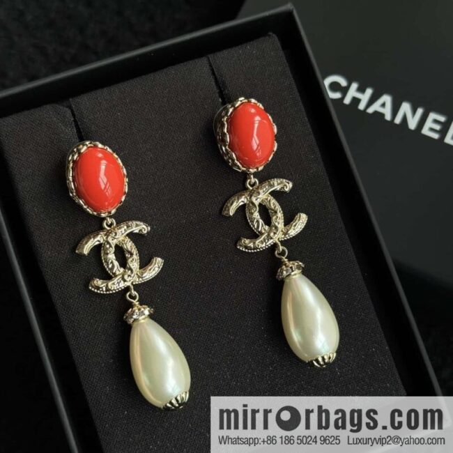 ❗️New ❗️☀️ new ☑️ Chanel c3 double c red pearl stud earrings ☀️