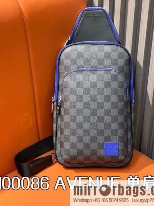[Boutique‑grade] N00086 black grid blue label, men\'s bag, breast bag, shoulder bag AVENUE shoulder bag