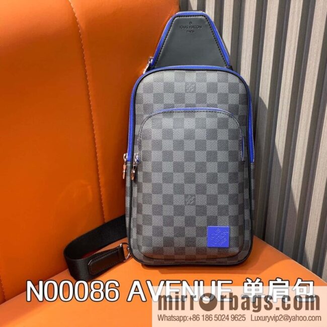 [Boutique‑grade] N00086 black grid blue label, men\'s bag, breast bag, shoulder bag AVENUE shoulder bag