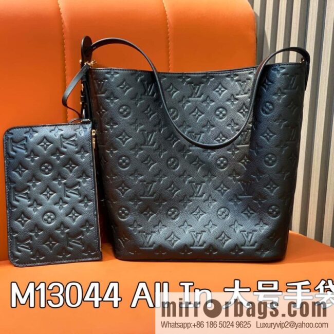 [Boutique‑grade] M13044 black, full leather embossed bucket bag All In large handbag, this All In large handbag