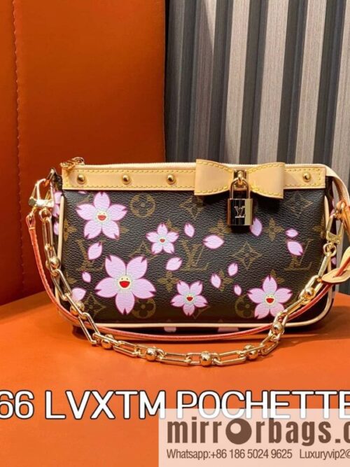 [Boutique‑grade] M13666 presbyopia, cherry blossom/Takashi Murakami, chain bag mahjong bag LVXTM POCHETTE mahjong bag