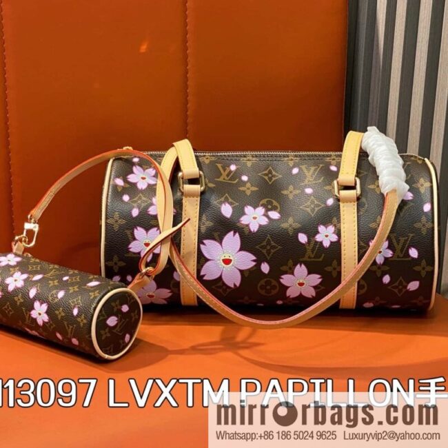 [Boutique‑grade] M13097 old flower, cherry blossom silk screen printed Babylon round drum bag LVXTM PAPILLON handbag