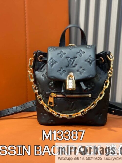 [Boutique‑grade] M13387 black, full leather embossed backpack COUSSIN BACKPACK mini handbag