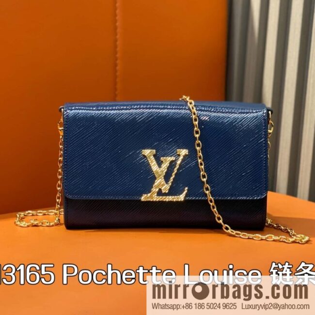 [Boutique‑grade] M13165 blue patent leather water ripple, chain bag sbwPochette Louise chain bag