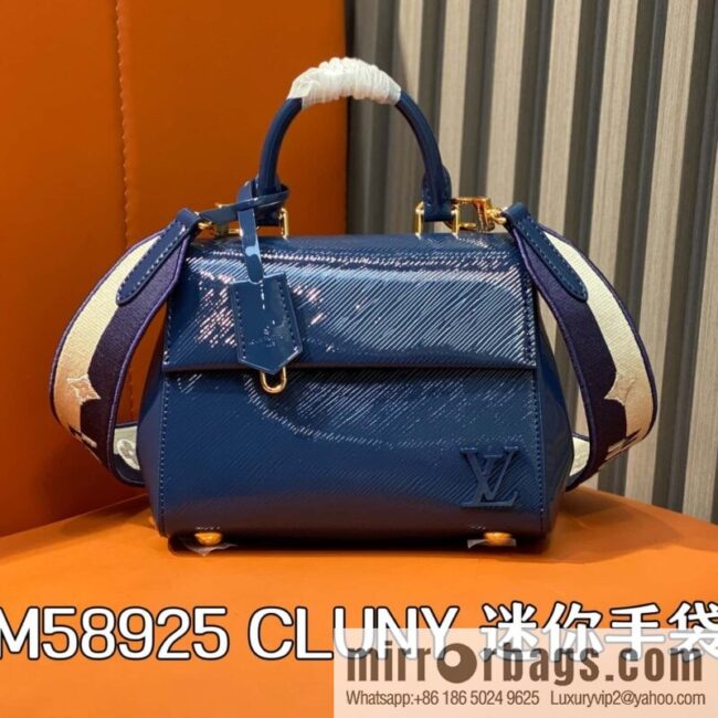 [Boutique‑grade] M58925 blue patent leather, water ripple handbag series CLUNY mini handbag