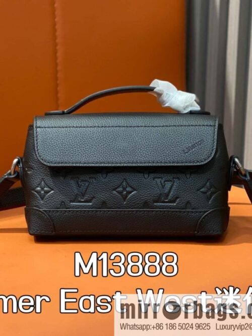 [Boutique‑grade] M13888 black, full leather embossed men\'s bag mini messenger bag Steamer East West mini handbag