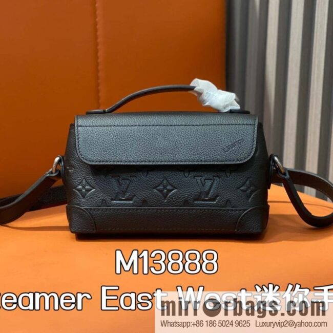 [Boutique‑grade] M13888 black, full leather embossed men\'s bag mini messenger bag Steamer East West mini handbag