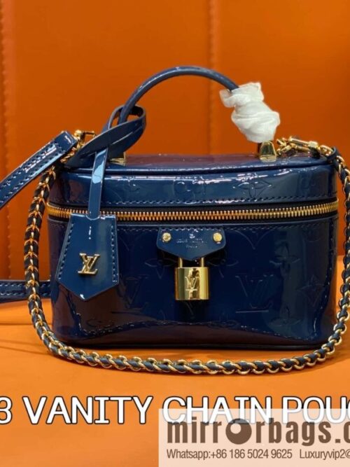 [Boutique‑grade] M13483 blue, patent leather embossed chain bag cosmetic bag VANITY CHAIN POUCH handbag