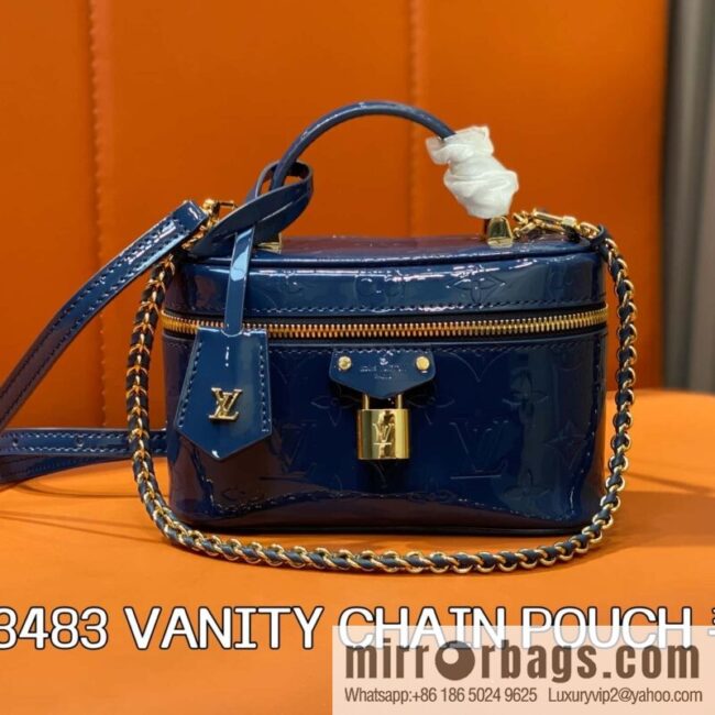 [Boutique‑grade] M13483 blue, patent leather embossed chain bag cosmetic bag VANITY CHAIN POUCH handbag