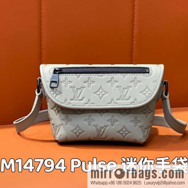 [Boutique‑grade] M14794 gray, full leather embossed men\'s bag messenger bag Pulse mini handbag