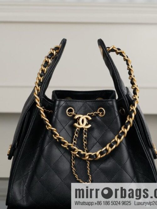𝐂𝐡𝐚𝐧𝐞𝐥 𝟐𝟓𝐬 𝐬𝐦𝐚𝐥𝐥 𝐡𝐨𝐛𝐨 Drawstring Bucket Bag, Black Gold Caviar, Small ✔️ AS5293